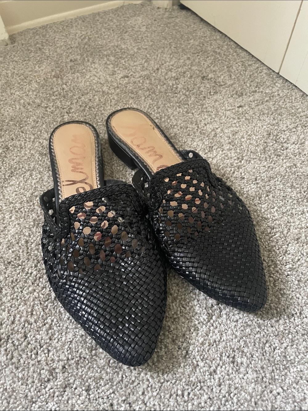 Sam Edelman Clara Woven Leather Slip-On Mules Sz 10 Black pointy toe 1” heel